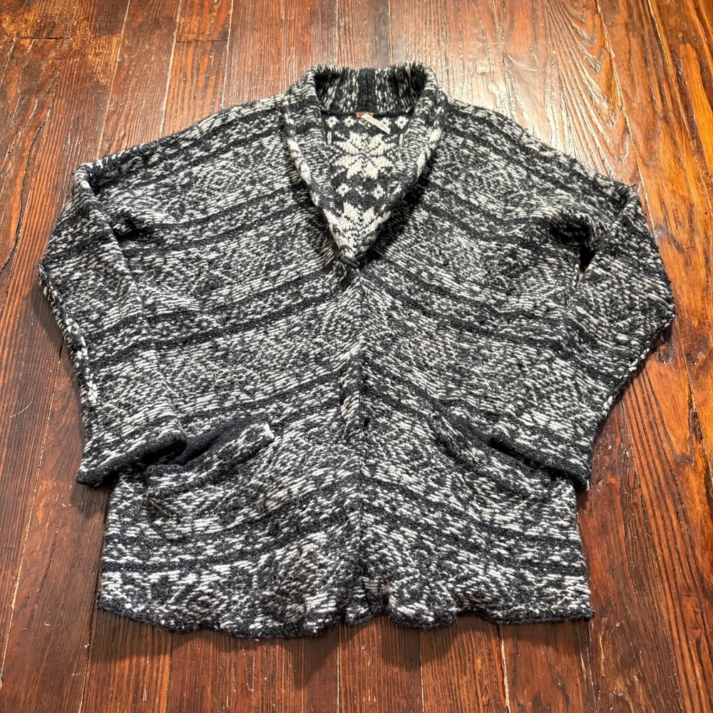 Free People Cardigan Sweater Women S Black‎ White Fair Isle Wool Linen Chunky